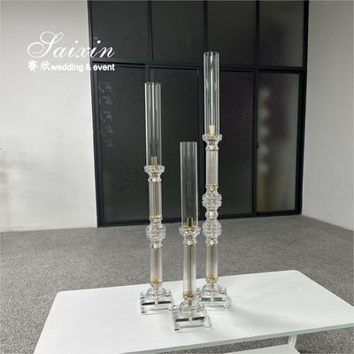 Factory Wholesale 3 Pcs Tall Set Crystal With Gold Metal Candlestick For Wedding Able Decor