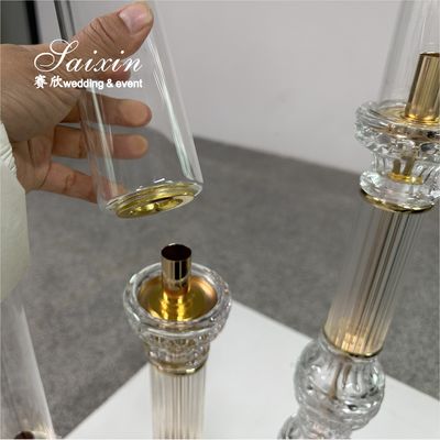 Factory Wholesale 3 Pcs Tall Set Crystal With Gold Metal Candlestick For Wedding Able Decor