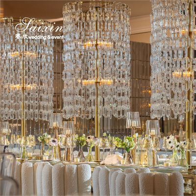 Wedding Centerpiece Gold Candle Holder Flower Stand With Crystal Chains