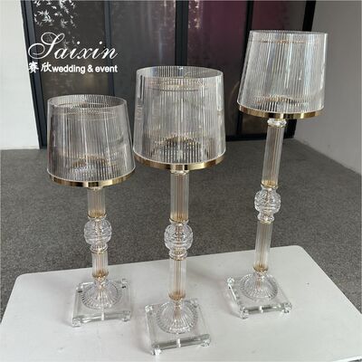 3 Pcs Set Gold Clear Ring Shade Crystal Glass Candle Holder Stands for Wedding Centerpieces