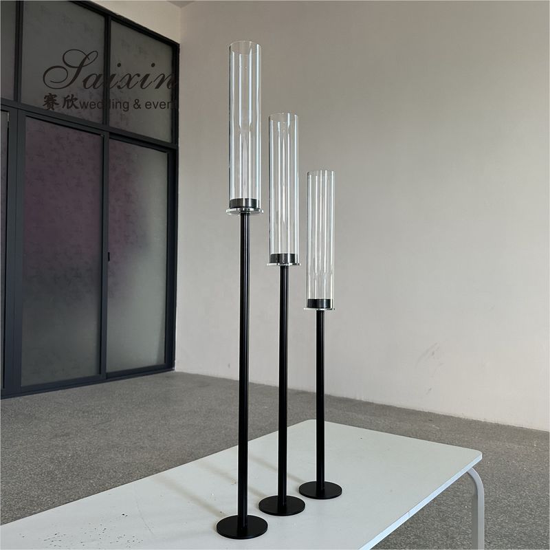 Long Stem Hurricane Pillar Gold Wedding Candle Holder With Chimney Tubes 3pcs Set 80cm