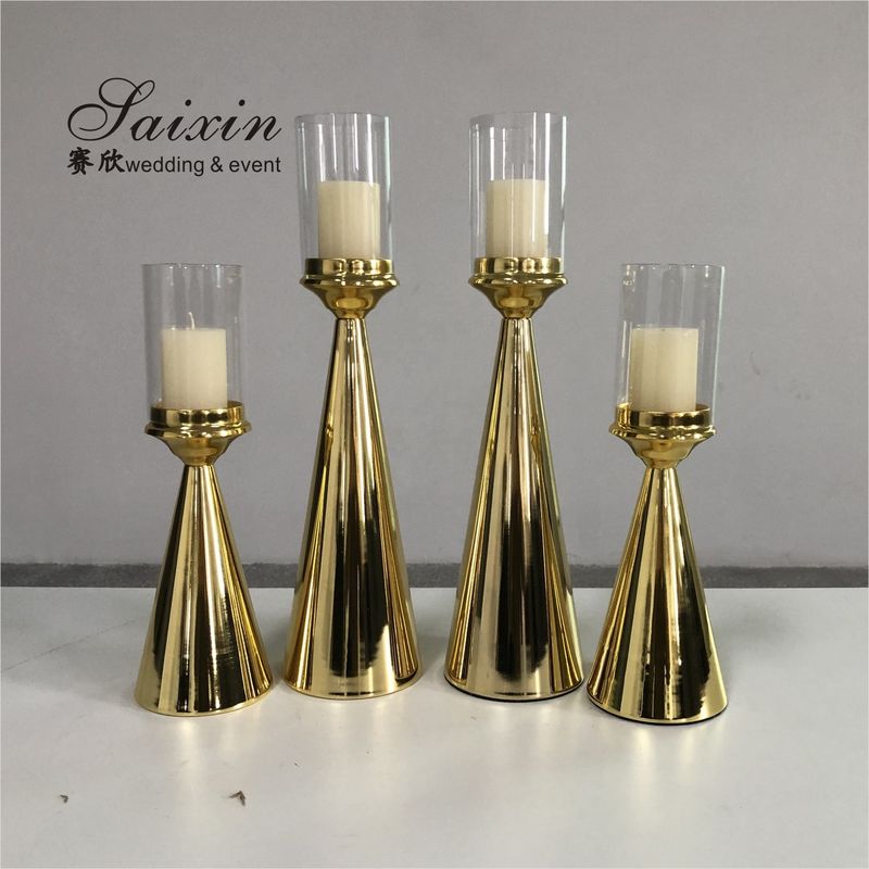 Golden Brass Taper Wedding Candle Holders Centerpiece Pillar 2 Pcs Set