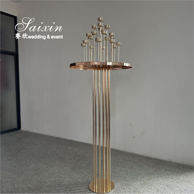 Wedding Flooring Decoration Tall Gold Flower Stand With Candle Holder Centerpiece